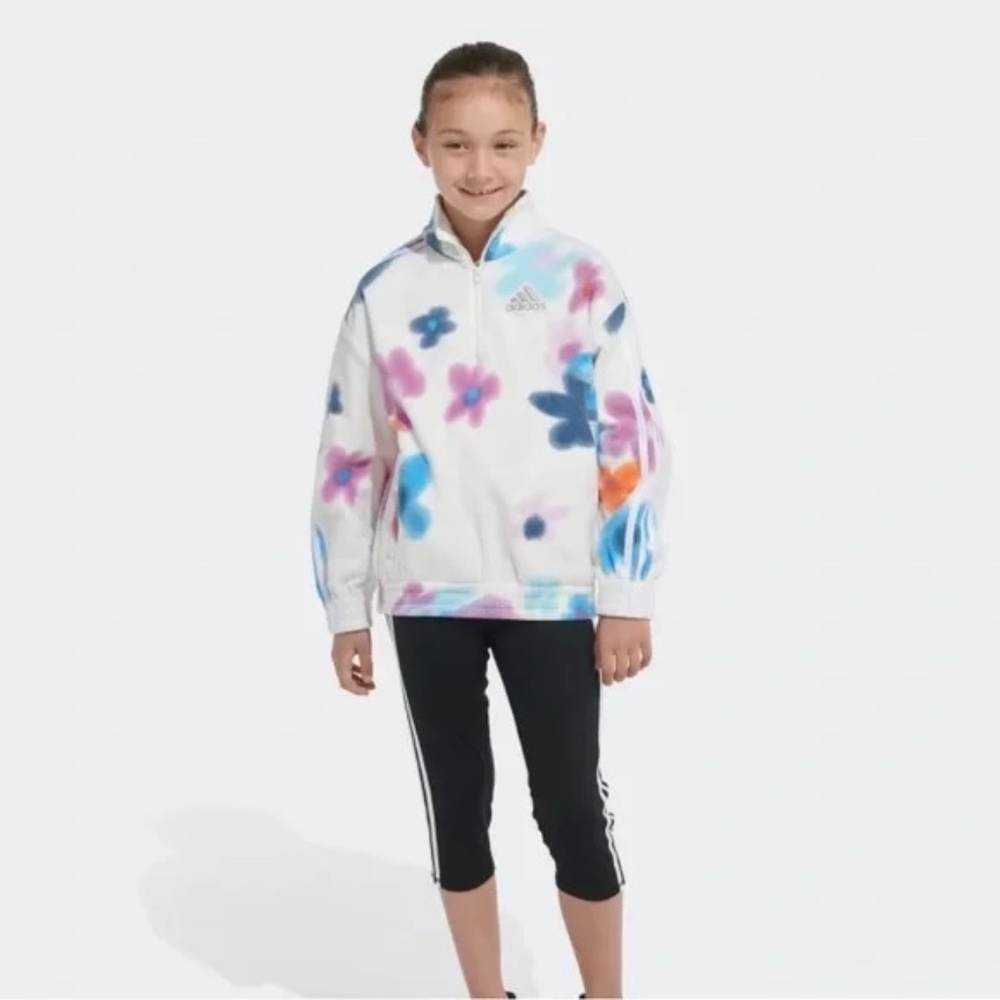 GIRLS ADIDAS FLORAL FLEECE HALF ZIP PULLOVER, LARGE